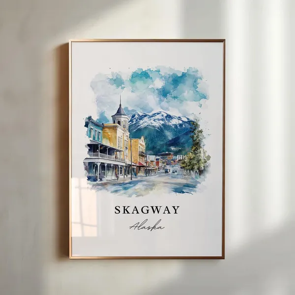 Skagway Alaska Watercolor Travel Poster, Inside Passage