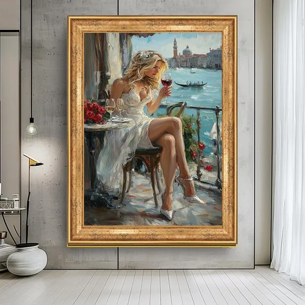 Woman Drinking Wine in Venice, Romantic Art Print