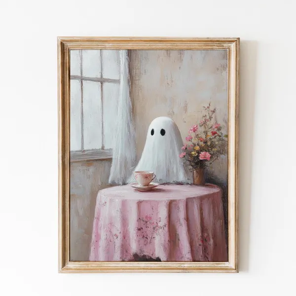 Cute Ghost Print, Pink Halloween Vintage Decor