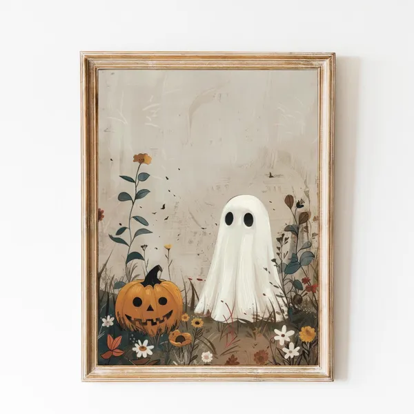 Cute Ghost With Halloween Pumpkin, Watercolor Art Print