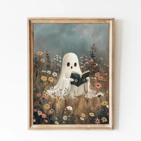 Cute Ghost Reading in Flower Field Halloween Print