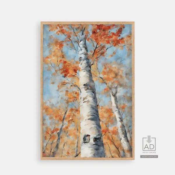 Autumn Birch Tree Watercolor Art Print, Fall Foliage