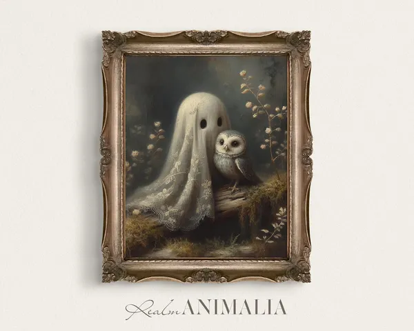 Cute Little Ghost With Little Owl, Vintage Fall Art Print