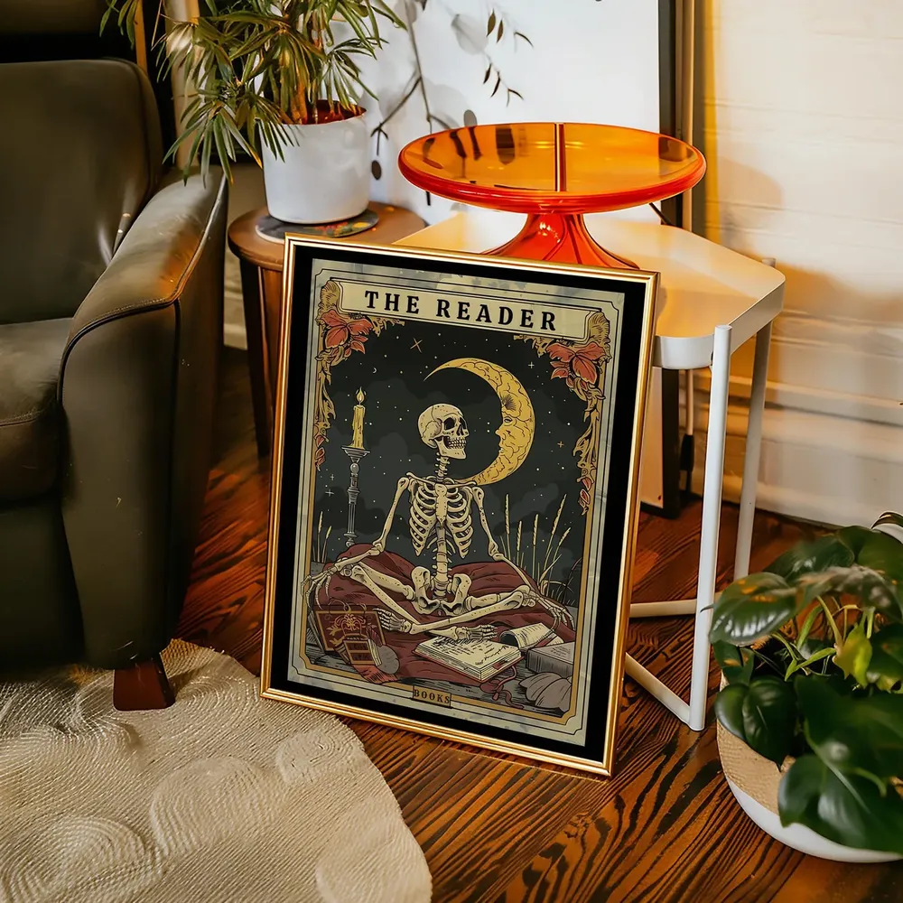 The Reader Skeleton Tarot Card Witchy Book Lover Library Art Poster - Image 4