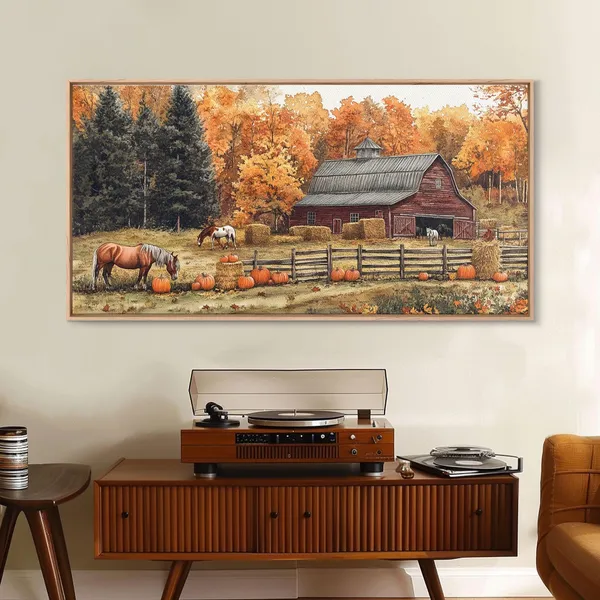 Autumn Barn Pumpkin Horses Rustic Fall Art Print