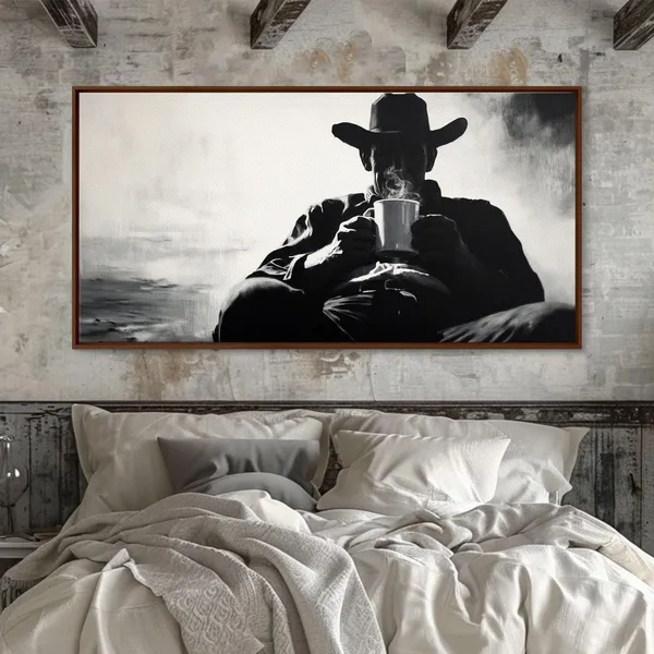 Cowboy Drinking Coffee, Moody Western Farmhouse Art Print