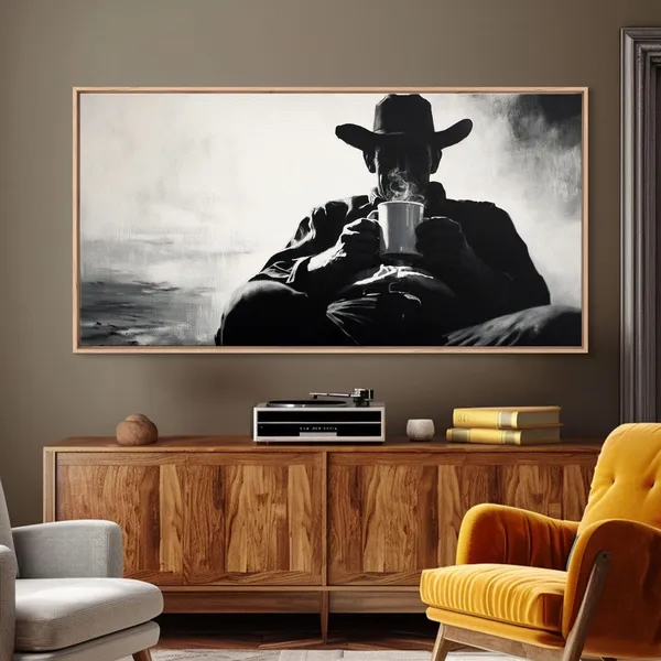 Cowboy Drinking Coffee, Rustic Autumn Poster Print