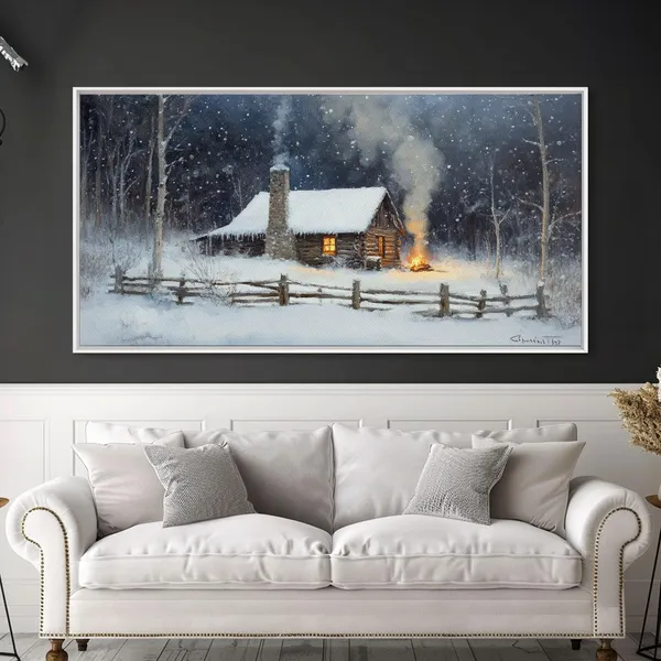 Rustic Cabin In Snow, Vintage Christmas Art Print