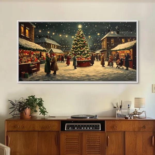 Vintage Christmas Village Market Scene Art Print