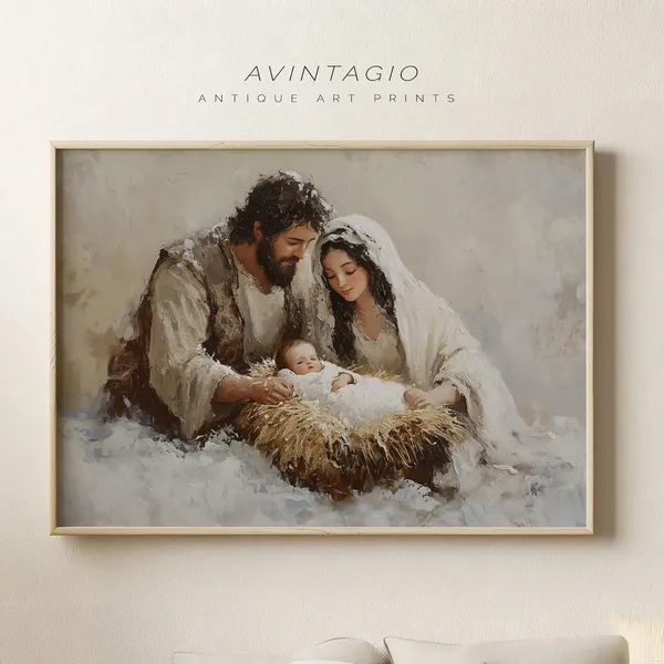 Rustic Nativity Scene Vintage Christmas Art Print