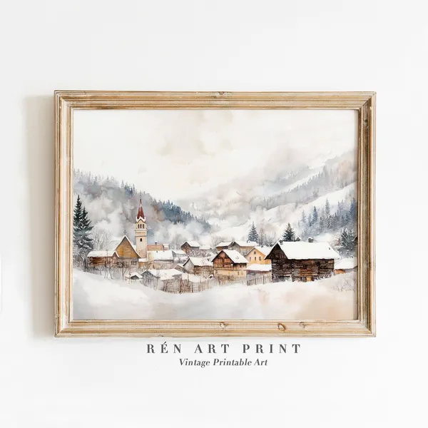 Snowy Village Painting, Vintage Neutral Christmas Art Print
