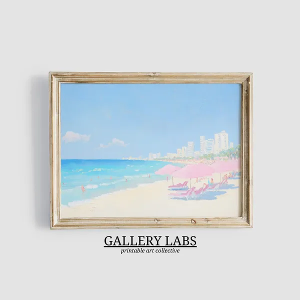 Pink Abstract Coastal Painting, Vintage Beach Print