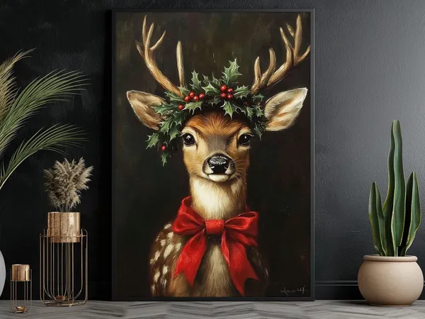 Vintage Christmas Reindeer Painting, Christmas Poster Print