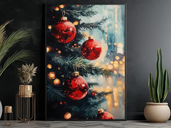 Vintage Christmas Bauble Art Print, Cottage Winter Tree