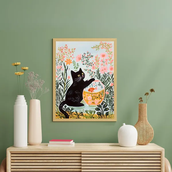 Cat Playing With Fish Bowl, Matisse-Inspired Art Print