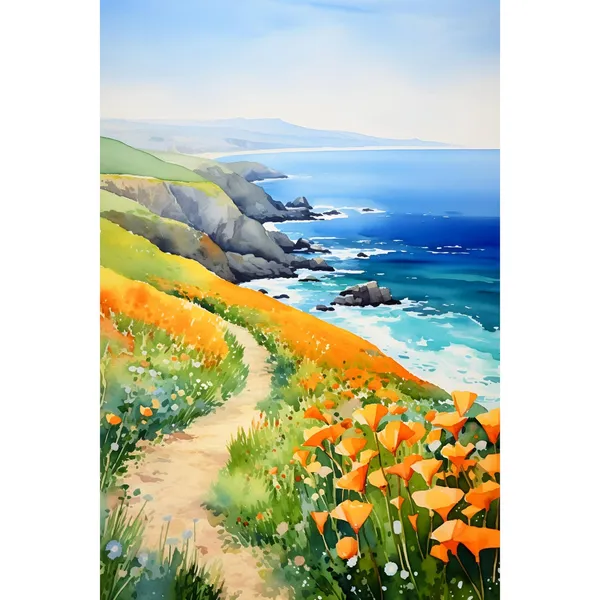 Diamond Lake Watercolor Art Print, California Poppies