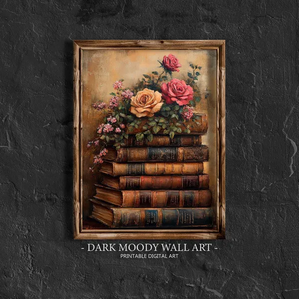Romantic Stacked Books Floral Still Life Art Print