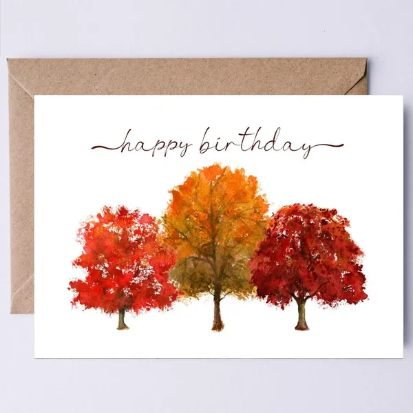 Autumn Birthday Card, Fall Trees Watercolor Art Print