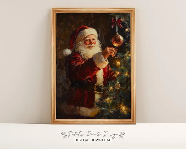 Santa Painting Rustic Christmas Art Print, Vintage Xmas