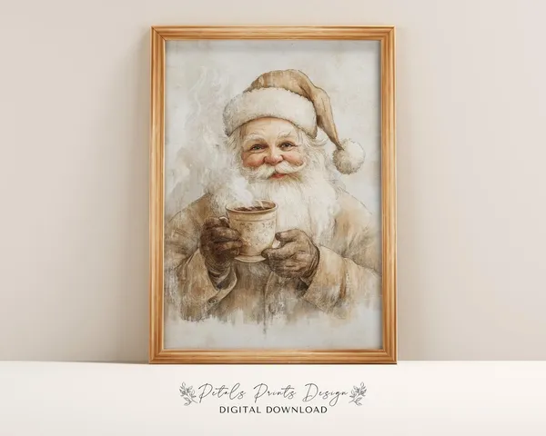 Neutral Santa Christmas Holiday Art Print, Rustic Vintage