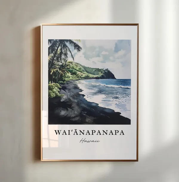 Waianapanapa Watercolor Travel Poster, Maui State Park