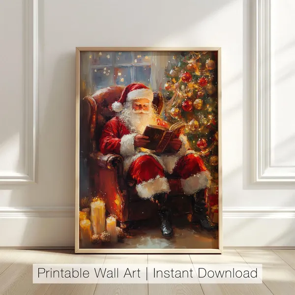 Santa Claus Reading Christmas Tree Wall Art Print