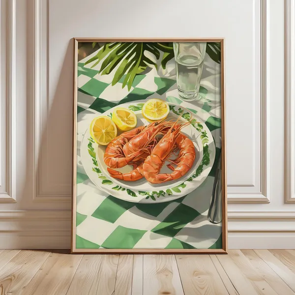 Shrimp Plate and Lemons Vintage Seafood Art Print