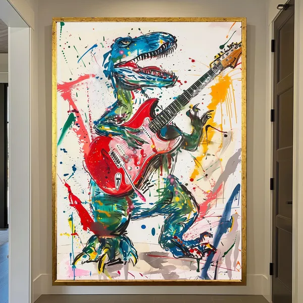 Dino Rock Guitar Music Cartoon Art Print