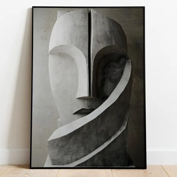 3D Concrete Face Sculpture, Modern Wall Art Print