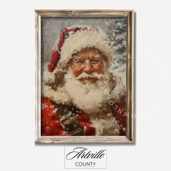 Vintage Santa Portrait Art Print, Rustic Christmas