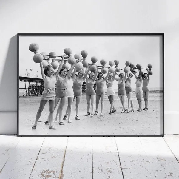 Vintage Woman Photo Fitness Barbell Beach Poster