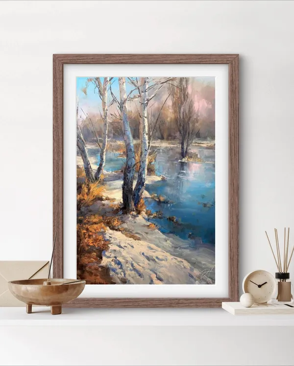 Thawing River Poster, Winter Lake View Art Print