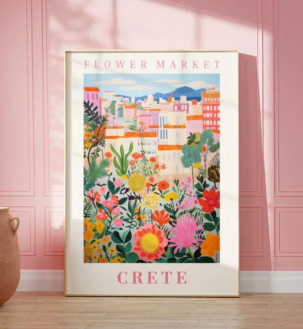 Crete Flower Market Travel Poster, Floral Illustration