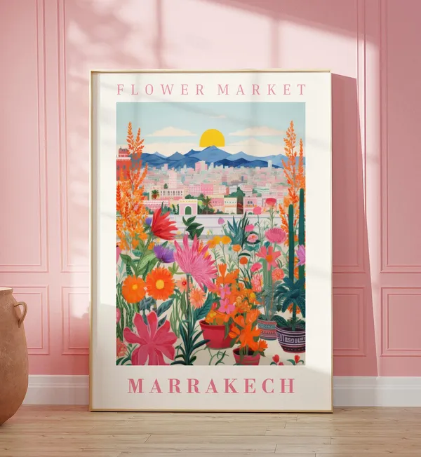 Marrakech Flower Market Travel Poster, Botanical Illustration