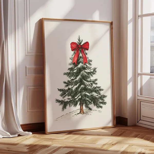 Vintage Christmas Tree With Red Bow Poster