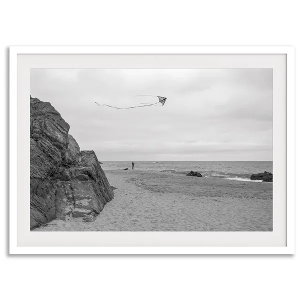 Kite Flying, Big Sur Beach Black-and-White Art Print