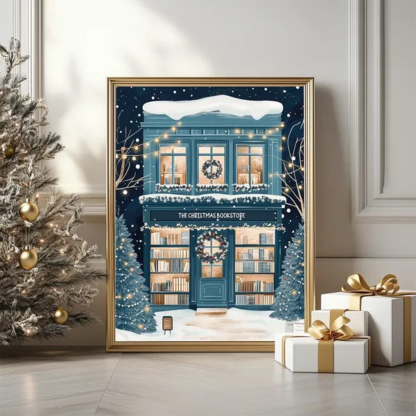 Winter Bookshop Illustration Poster, Holiday Book Lovers