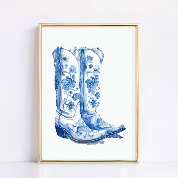 Blue And White Watercolor Cowboy Boots, Aesthetic Print