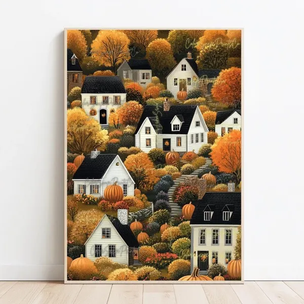 Fall Village Folk Art Print, Autumn Cottage Poster
