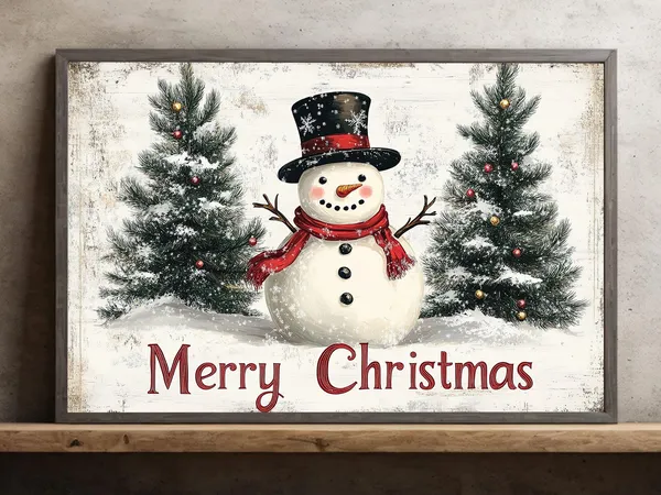 Snowman Merry Christmas Vintage Winter Poster Print