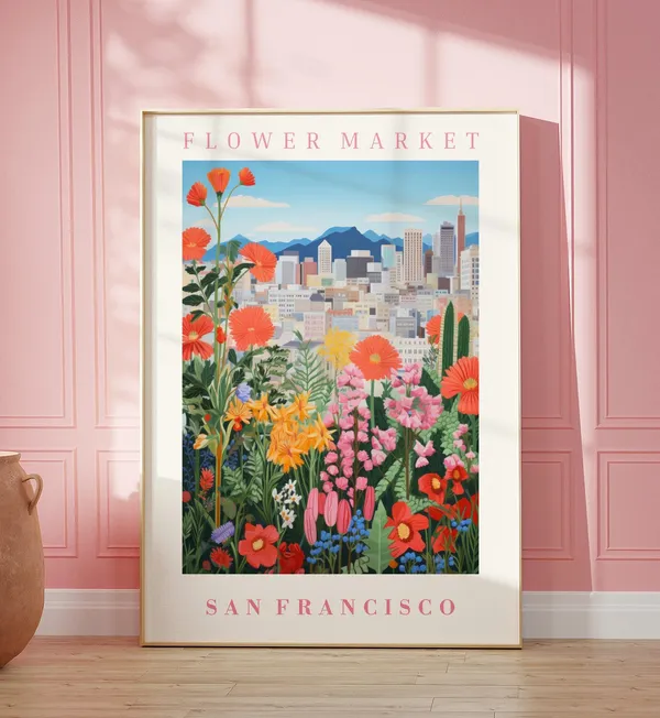 San Francisco Flower Market Travel Poster, Floral Illustration