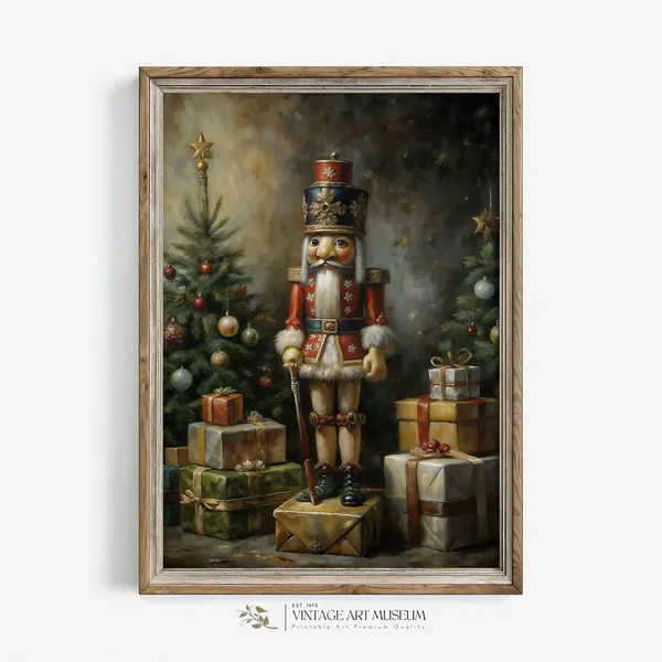 Wooden Nutcracker Toy Christmas Art Print, Rustic Vintage