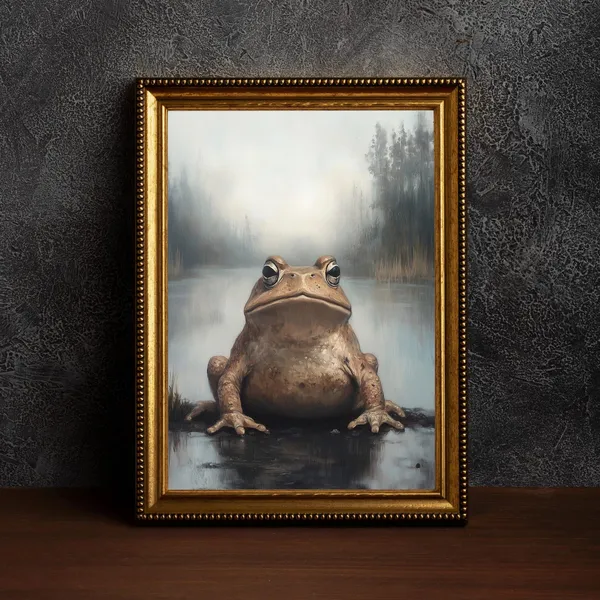 Lake Toad Antique Oil Painting, Vintage Frog Art