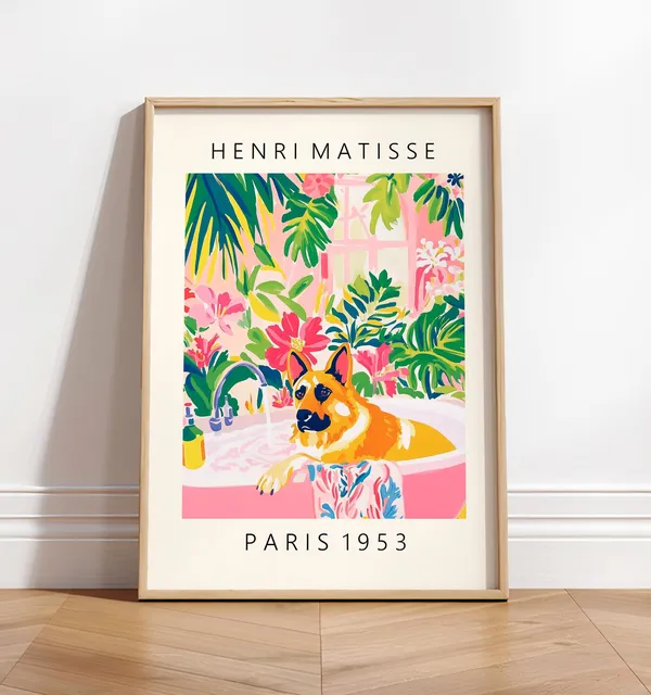 German Shepherd In Bathtub, Pink Bathroom Decor