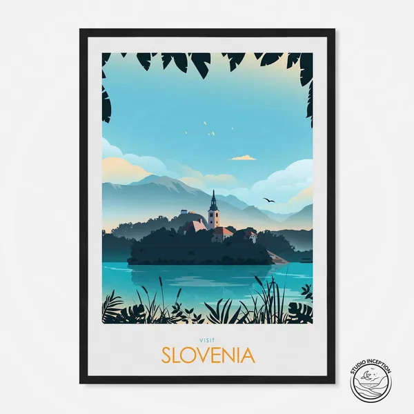 Slovenia Travel Poster, Lake Bled Wall Art Print