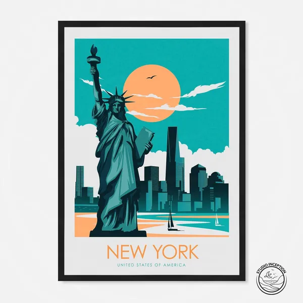 New York Travel Poster, USA Skyline and Liberty