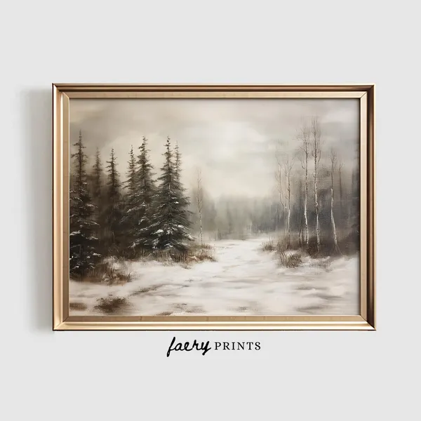 Winter Forest Print, Rustic Snowy Landscape Art