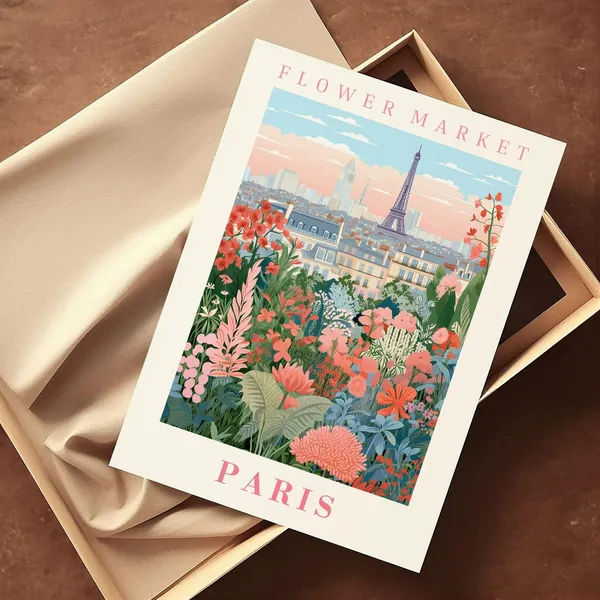 Paris Flower Market Travel Poster, Floral Illustration
