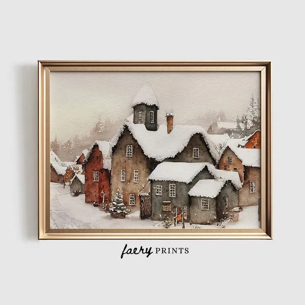 Winter Village Vintage Holiday Art Print