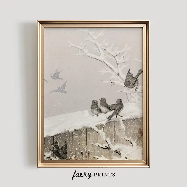Winter Birds Farmhouse Art Print, Snowy Seasonal Decor